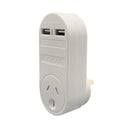 JACKSON Single Plug USB Wall Charger, 2x USB Charging Outlets (2.1A total) Power status indicator and a 240V mains outlet. - Office Connect 2018