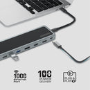PROMATE 12-in-1 Multi-Port Hub. Includes 4x USB-A & 1x USB-C PD Port, 2x HDMI Ports, 1x RJ45 Gig Port, 1x Display Port, SD/TF Card Slots, 1x Aux Port. Silver/Black Colour. - Office Connect 2018