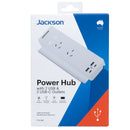 JACKSON 10A Power Hub with 2x USB-A, 2x USB-C Ports & 2x 3Pin Power Outlets. Integrated Phone Stand. Surge Protection. Indicator Light. Cable Management. 1.2m Lead with Right Angle Plug. - Office Connect 2018