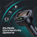 PROMATE Wirless In-Car FM Transmitter with Handsfree & QC3.0. Bult-in Mic, Bluetooth, SD Card Slot, Frequency Range 87.5-108MHz, Output 5V/2.4A. Black Colour - Office Connect 2018