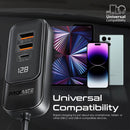 PROMATE 120W In-Car Device Charger with Backseat 3 Port Charging Hub. Includes 2x USB-C & 2x USB-A Ports. Supports 30W QC3.0. LED DIsplay, 1.5m Cable, Ultra Small & Compact. Charge 4x Devices Simultaneously.