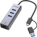 UNITEK 4-in-1 USB Multi-port Hub with 2-in-1 Connectors (USB-C & USB-A). Includes 3x USB-A 3.0 Ports, 1x Gigabit Ethernet RJ45 Port, Plug & Play. AluminiumIn Alloy Housing. Space Grey Colour. - Office Connect 2018