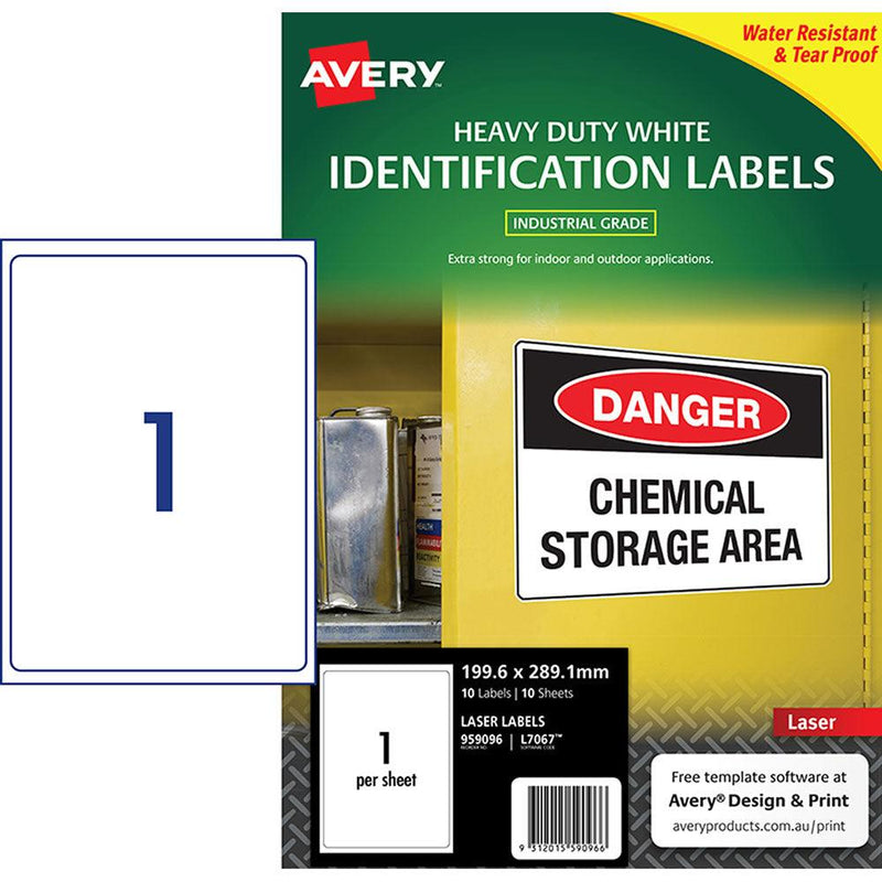 Avery Heavy Duty ID Label L7067 White Laser 199.6x289.1mm 1up 10 Sheets - Office Connect 2018