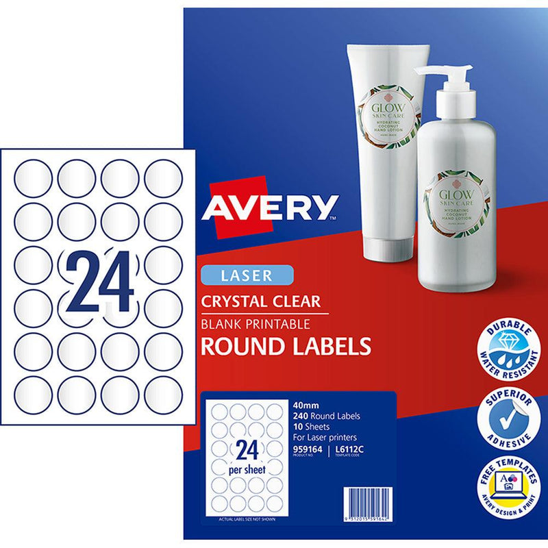 Avery Label L6112C Crystal Clear Round 40mm 24up 10 Sheets - Office Connect 2018