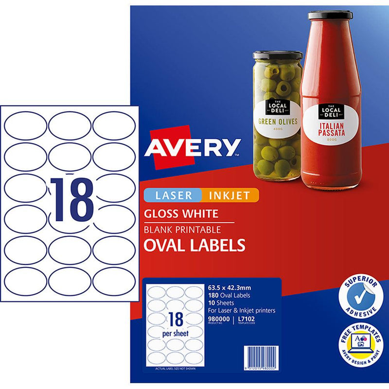 Avery Label L7102 Oval White Glossy 18up 10 Sheets 63x42mm - Office Connect 2018
