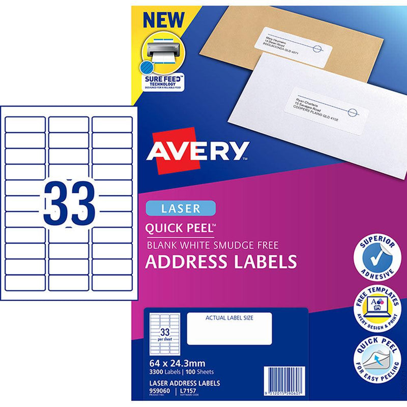 Avery Label L7157-100 64x24.3mm 33up 100 Sheets - Office Connect 2018