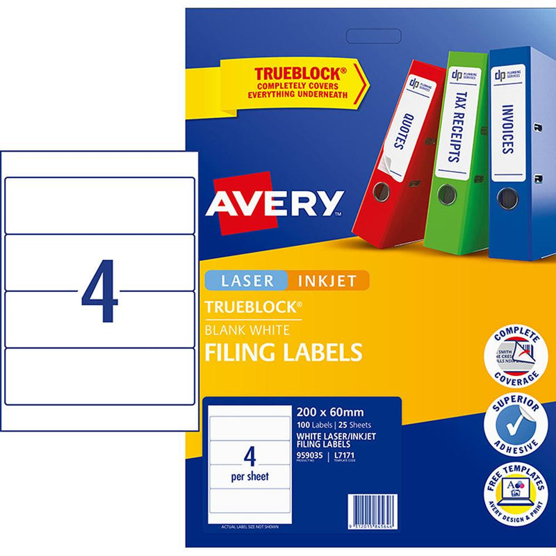 Avery Label L7171 Lever Arch 4up 25 Sheets 200x60mm - Office Connect 2018