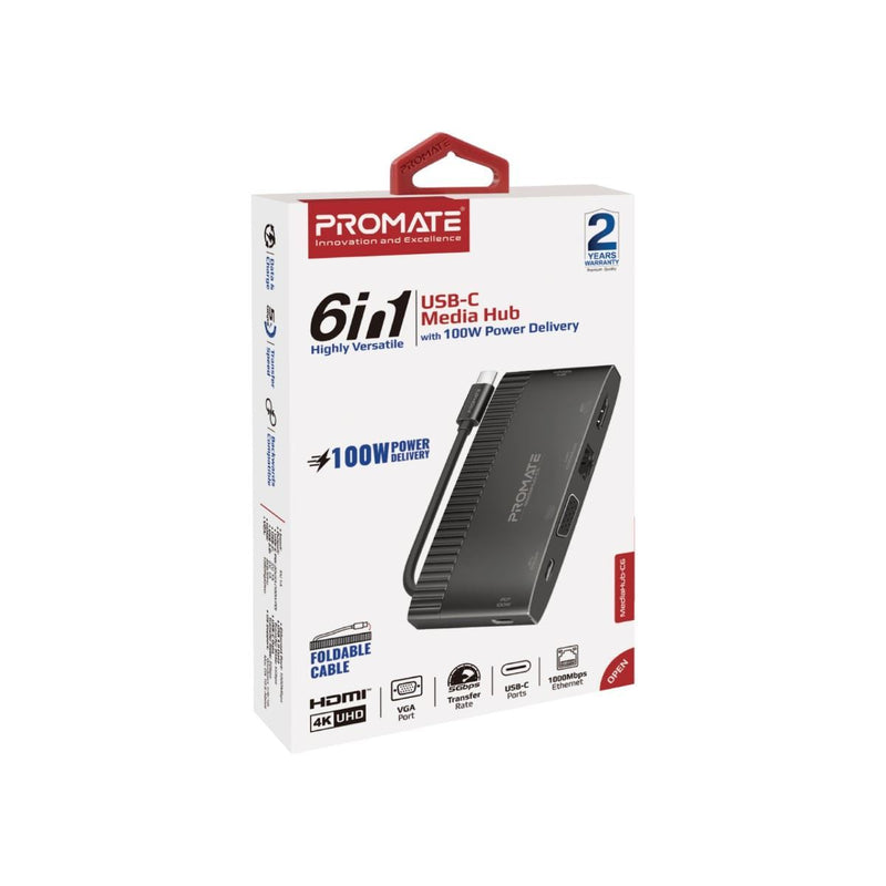 PROMATE 6-in-1 USB Multi Port Hub with USB-C Connector. Includes USB-C, USB-A, HDMI, Ethernet & VGA Ports. 100W Power Delivery. Data Transfer Rate 5Gbps. Supports Win 7/8/10 & Mac OS 10.6 & Above - Office Connect 2018
