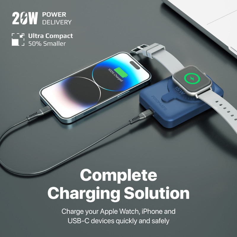 PROMATE 10000mAh SuperCharge Magsafe Wireless Charging PowerBank Perfect for iPhones & Apple Watch. 15W Magsafe Charger. 3W Apple Watch Charger. 20W PD USB-C Port. SLim & Compact. Blue Colour.