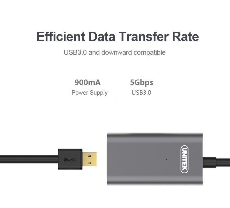 UNITEK 5m USB 3.0 Extension Cable with Built-in Extension Chipset. Aluminium Designed Housing, Transfer Speeds up to 5Gbps, Gold Plated Connector, DC Jack for External Power, Plug and Play.