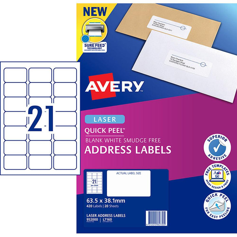 Avery Label L7160-20 Laser 21up 20 Sheets 63x38mm - Office Connect 2018