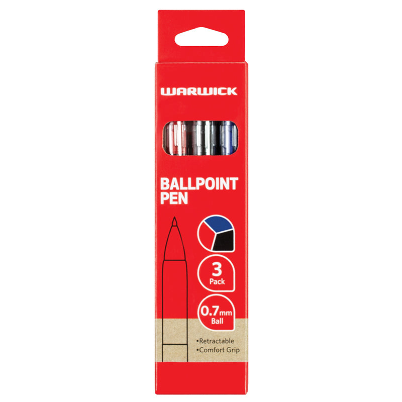 Warwick Pen Ballpoint Assorted Retractable Medium Comfort Grip 3 Pack