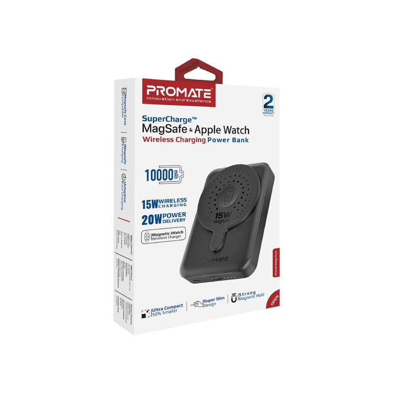 PROMATE 10000mAh SuperCharge Magsafe Wireless Charging PowerBank Perfect for iPhones & Apple Watch. 15W Magsafe Charger. 3W Apple Watch Charger. 20W PD USB-C Port. SLim & Compact. Black Colour.