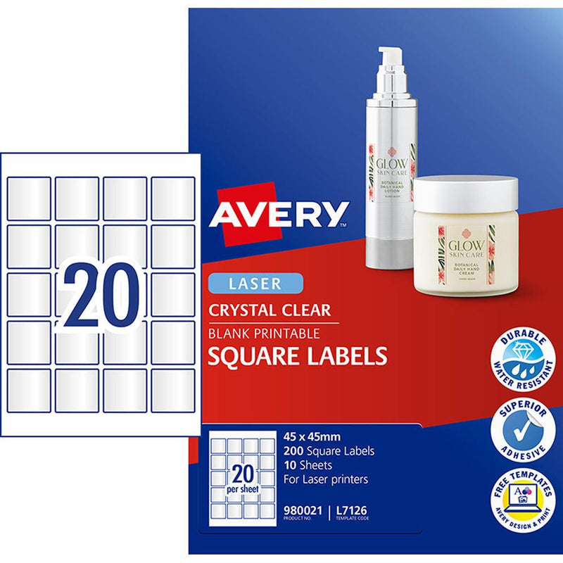 Avery Label L7126 Square Crystal Clear 20up 10 Sheets 45x45mm - Office Connect 2018