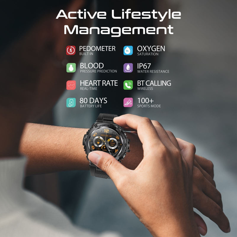 PROMATE IP67 Sport Watch with 1.53" Round Screen & BT Calling. Fitness Tracker, Pedometer, Blood Presure Prediction, Heart Rate Real Time, Smart Notifications, Over 100 Customized Watch Faces. Black