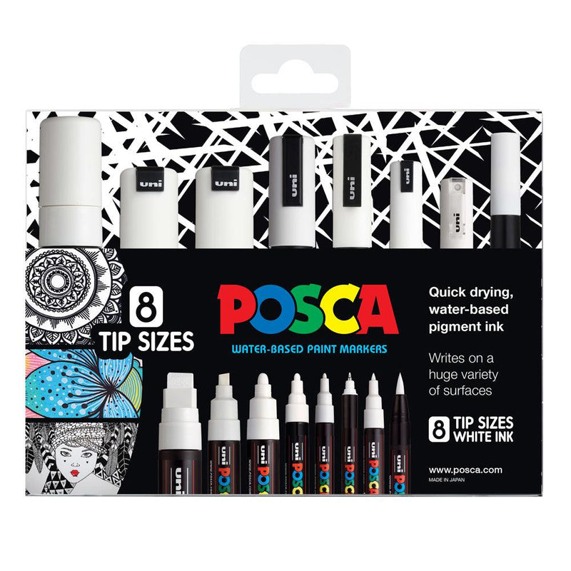 Uni Posca Marker White Set Pack of 8 Tip Sizes - Office Connect 2018
