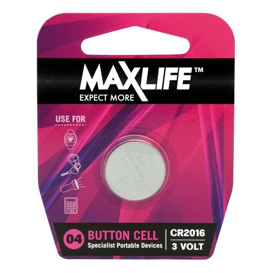 MAXLIFE CR2016 Lithium Button Cell Battery. 1Pk.