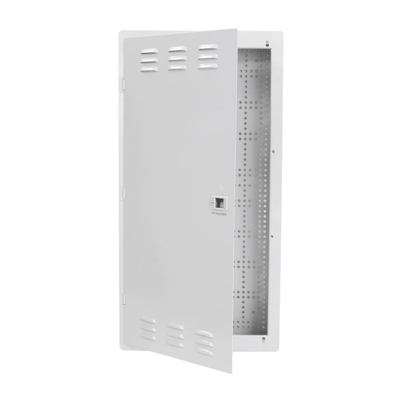 DYNAMIX 28'' FTTH Network Enclosure Recessed Wall Mount with Vented Lid Cable & Dual GPO Knock outs. Installs: 400mm Centre Stud. Cut out OD: 355 x 725 x 90mm. Incl. Installation Accessories, Earth Kit - Office Connect 2018