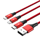 UNITEK 1.2m USB 3-in-1 Charge Cable. Integrated USB-A to Micro-B, Lightning Connector & USB-C Connector. Red Colour. - Office Connect 2018