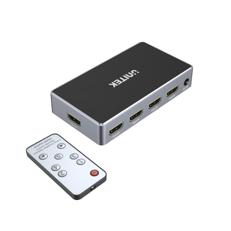 UNITEK 5-In-1-Out 4K HDMI 1.4b Switch. Supports up to 4K@30Hz (UHD) resolution (3840 x 2160) and Compatible for 480p, 720p, 1080i, 1080p.  Remote Inlcuded.