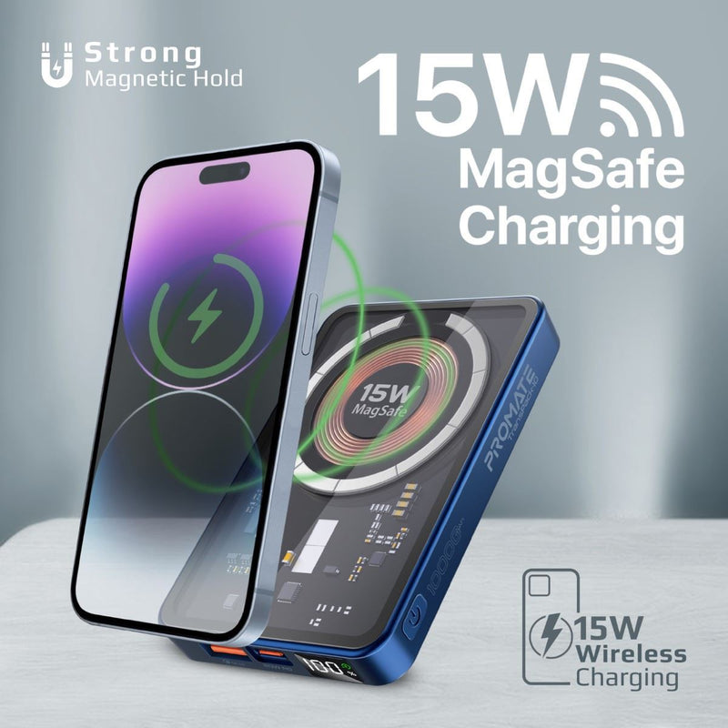 PROMATE 10000mAh Power Bank with Transparent Magsafe 15W Wireless Charging. Supports 20W Power Delivery. Includes 1x USB-C In/Out, 1x USB-A Ports. Carbon Fiber Design Charge 3x Devices. Blue  Colour.