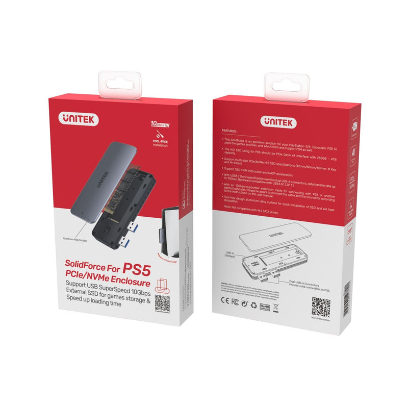 UNITEK PS5 External Storage. Dual USB-A 10G to M.2 PCIe/NVMe Enclosure. Grey - Office Connect 2018