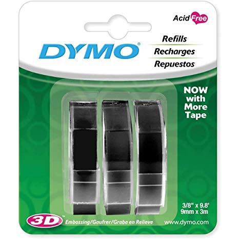 DYMO Genuine Embossing Label Tape. 3PK, 9mm x 3m. Use them indoors or outdoors. Tape will stick to any smooth clean surface. Black Colour.