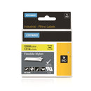 DYMO Genuine Rhino Industrial Labels-Flexible Nylon 12mm Black on Yellow. Industrial-strength tear- proof. Resists moisture, UV light & more. RoHS compliant Temperature Rating -25.56C to +80 - Office Connect 2018