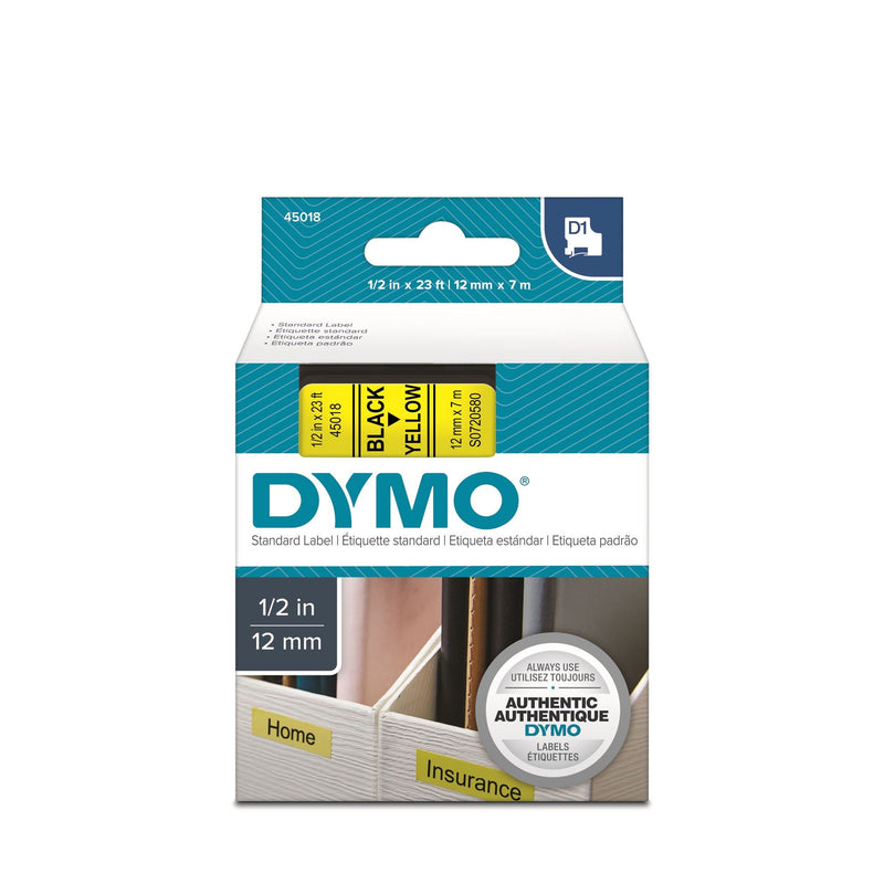 DYMO Genuine D1 Label Cassette Tape 12mm x 7M, Black on Yellow Suitable for the Label  Manager and LabelWriter Duo label makers