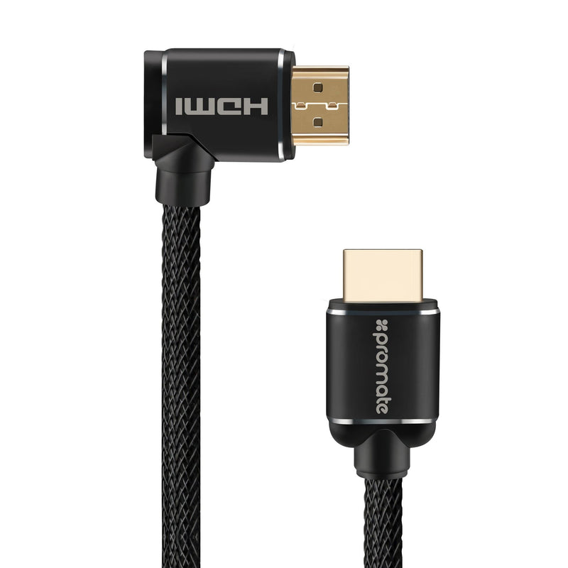 PROMATE 5m 4K HDMI right angle Cable. 24K Gold plated. High-speed Ethernet. 3D support. Mesh braided cable. Long bend lifespan. Max Res: 4K@60Hz (4096X2160). Colour black. - Office Connect 2018