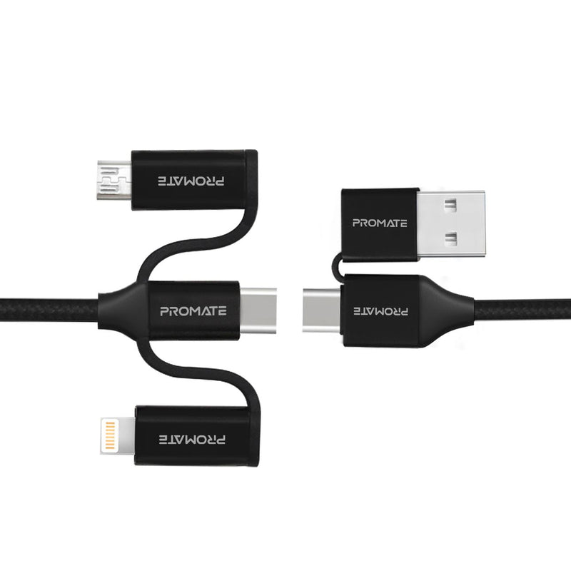 PROMATE 6-in-1 Hybrid 1.2m Multi-Connector Cable for Charging & Data Transfer. 60W Power Delivery USB-C or USB-A to USB-C, Micro-USB, or Lightning Connector. Black Colour - Office Connect 2018