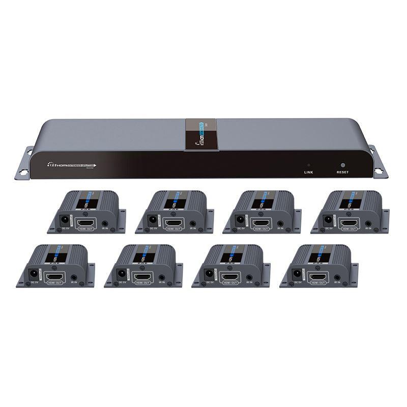 LENKENG 1-In-8-Out 1080P HDMI Extender. 1x HDMI in to 8x RJ45 out Compatible with CAT6/6a/7 Cables, Transmit up to 40m, Plug & Play, Wall-mountable, Supports EDID, Includes 1x Transmitter & 8x Rx.