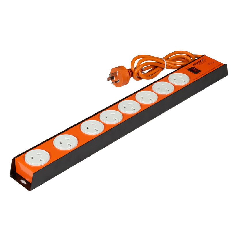JACKSON 8 Outlet Powerboard with Heavy Duty Metal Housing, Surge Protection, RFI Filtration. Wall Mountable. 2 spaced outlets. 1.2m Power Lead. - Office Connect 2018