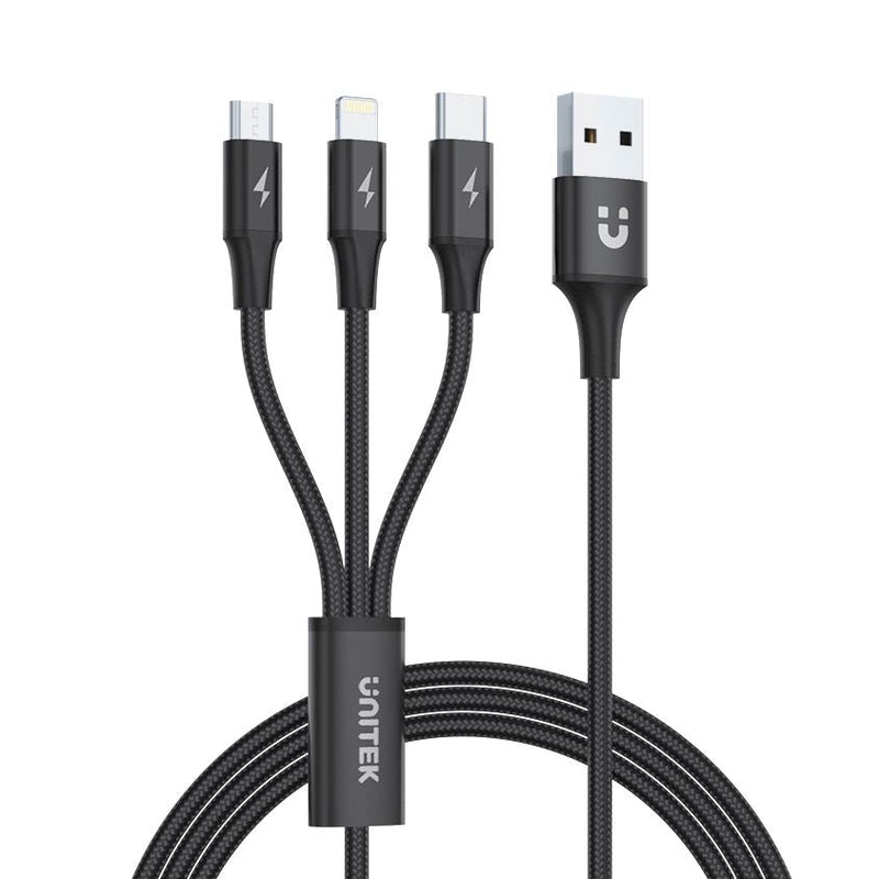 UNITEK 1.2m USB 3-in-1 Charge Cable. Integrated USB-A to Micro-B, Lightning Connector & USB-C Connector. Black Colour. - Office Connect 2018