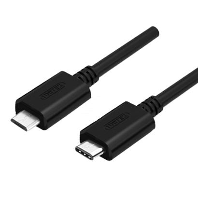 UNITEK 1m USB 2.0 USB-C Male to Micro-B Male Cable. OD: 2.8mm, Nickel Plated, Reversible USB-C Connector. Sync & Charging. Black Colour.