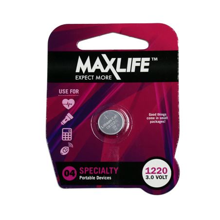 MAXLIFE CR1220 Lithium Button Cell Battery. 1Pk.