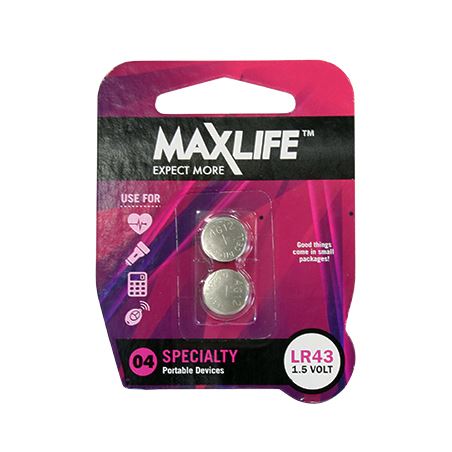 MAXLIFE LR43 Alkaline Button Cell Battery. 2Pk.