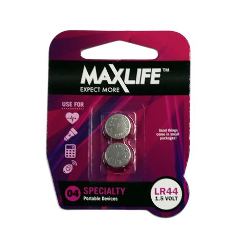 MAXLIFE LR44 Alkaline Button Cell Battery. 2Pk.