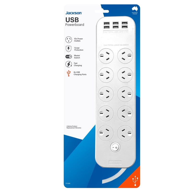 JACKSON 10-Way Powerboard with 6x USB-A Fast Charging Ports (4.5A) 10 Surge Protected Power Outlets On-Board Master Switch. Safety Overload Protection. Mounting Slots on Back. 1M Power Lead. - Office Connect 2018