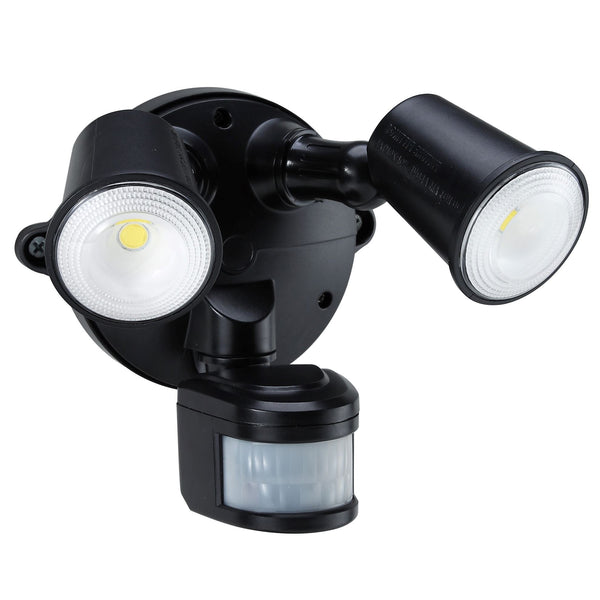 HOUSEWATCH 10W Twin LED Spotlight with Motion Sensor. IP54. Passive IR. 9m (Side) and 12m (Front) Detection Range. Detection Angle 140 Degree. Includes Timing & Lux Adjustments. Black Colour. - Office Connect 2018