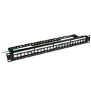 DYNAMIX Horizontal 19 1RU Unloaded 24 Port STP Patch Panel, with Rear Cable Management bar. Includes Earthing Wire and Plastic Labelling Kit. RoHS, Numbered 1-24 - Office Connect 2018