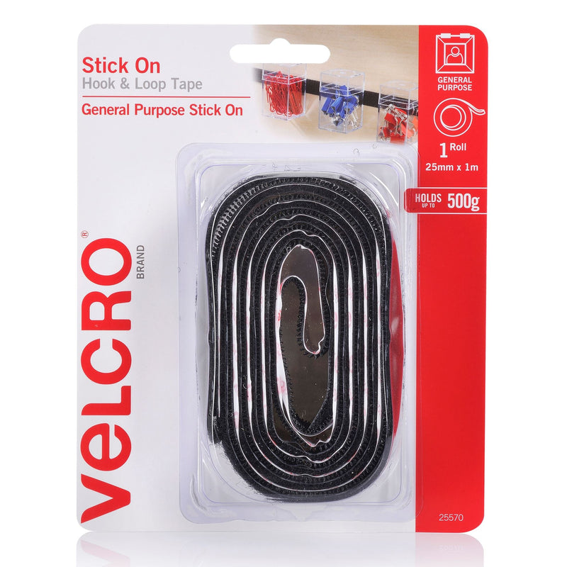 VELCRO Brand 25mm x 1m Stick On Hook & Loop Tape. Designed for General Purpose Simple and Mess-Free. Attach Light Weight Items up To 500g. Perfect for Art, Storage Boxes, Signs etc. Black