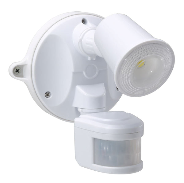 HOUSEWATCH 10W Single LED Spotlight with Motion Sensor. IP54. Passive IR. 9m (Side) & 12m (Front) Detection Range. Detection Angle 140 Degree. Includes Timing & Lux Adjustments, Screws. White Colour - Office Connect 2018