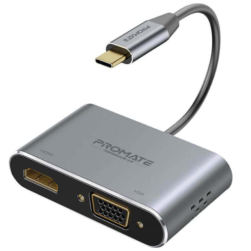 PROMATE USB-C Display Adapter with 4K UHD HDMI & 1080p VGA. Easy Instal Plug & Play. Grey Colour