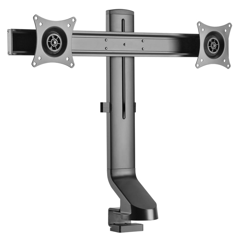 BRATECK 17-27'' Dual monitor desk mount. Sit/Stand workstation Compatible. Max load 7Kgs. Supports VESA 75x75 & 100x100. Rotate, tilt and swivel. Colour: Black.