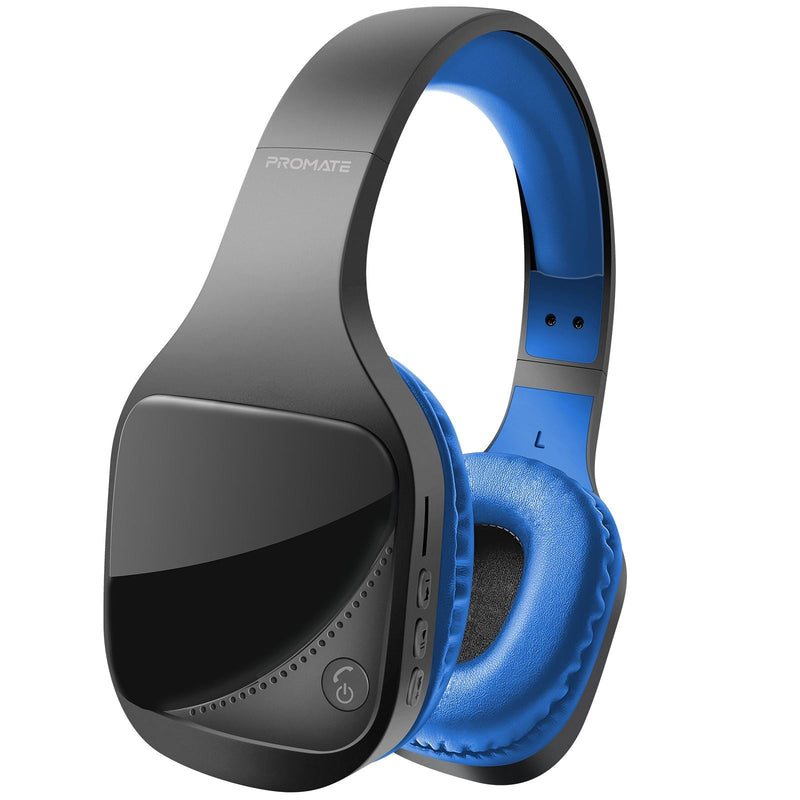 PROMATE Hi-Fi Stereo Bluetooth Wireless Over-Ear Headphones. Up to 10 Hours Playback. 300mAh Battery, Up to 10m Operating Distance, Integrated Microphone, FM 87.5-108MHz, AUX Port. Blue Colour.