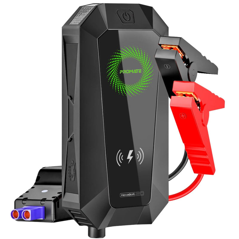 PROMATE 19000mAh Jump Starter Power Bank. 1500A/12V Peak Current. Dual Port, LED Flashlight, Wireless Charger and Safety Hammer. Smart Clamps for Short Circuit Protection LED Indicators.