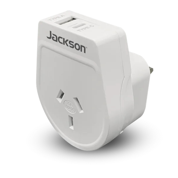JACKSON Slim Outbound Travel Adaptor 1x USB-A and 1x USB-C (2.1A) Charging Ports. Converts NZ/AUS Plugs for use in UK, Hong Kong & More. - Office Connect 2018