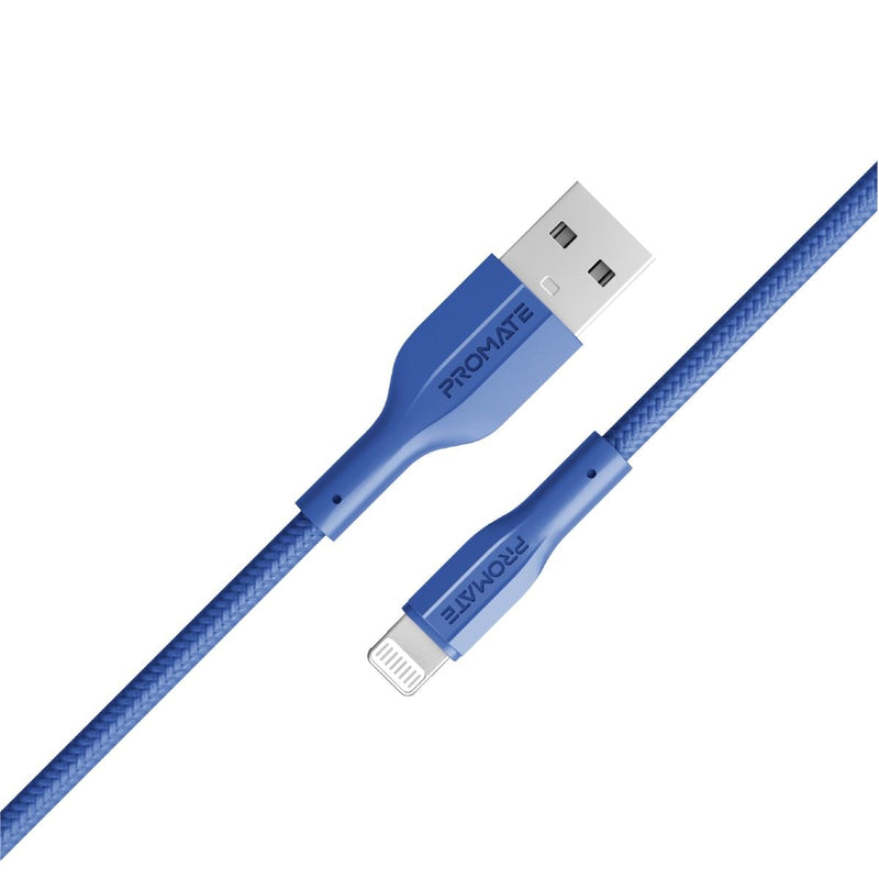 PROMATE 1M USB-A to Lightning Connector Super Flexible Cable. Supports 2A Charging & 480Mbps Data Transfer. Blue Colour. - Office Connect 2018