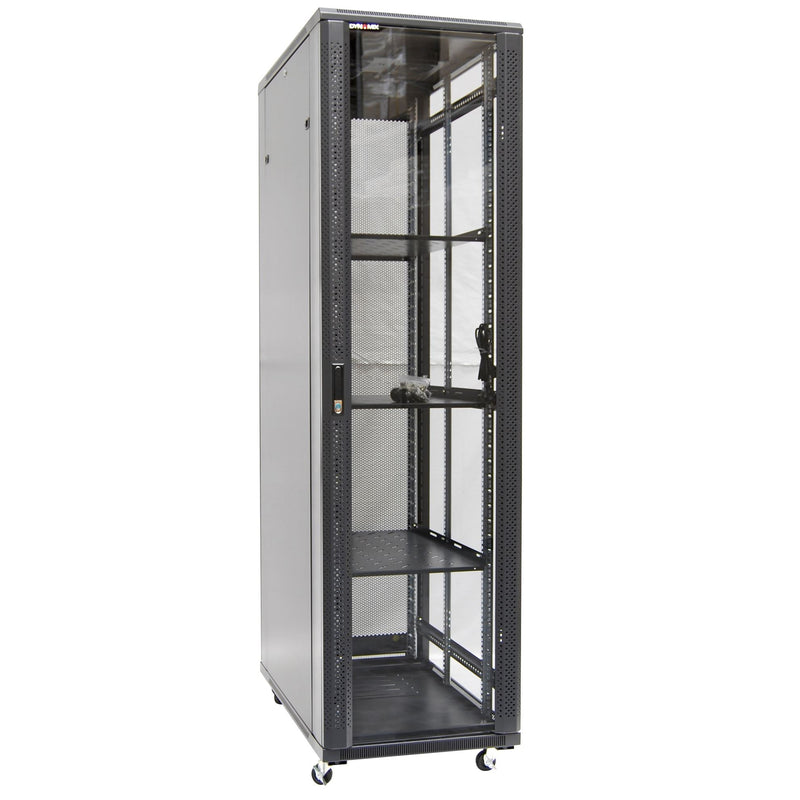 DYNAMIX 42RU Server Cabinet 800mm Deep (600 x 800 x 2077mm). Includes 3x Fixed Shelves, 4x Fans, 25x Cage Nuts, 4x Castors & 4x Level Feet. 800kg static load. Glass front door JUNE Promo - Includes FREE BOOM-10 - Office Connect 2018